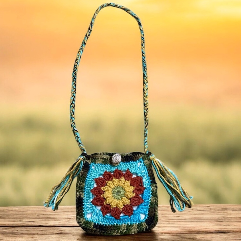 Handcrafted Crochet Bag Mini Purse Multicolor Yarn Flower Southwest